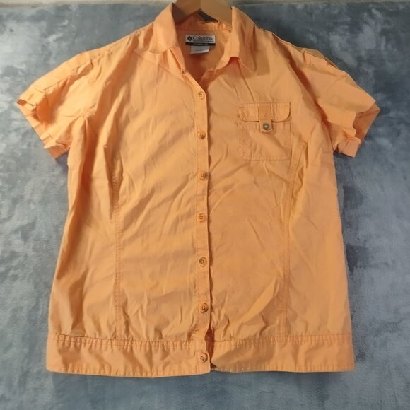 Columbia Womens Button Up Shirt M Orange Outdoor Hiking Nylon Stretch Casual Top - Picture 1 of 10